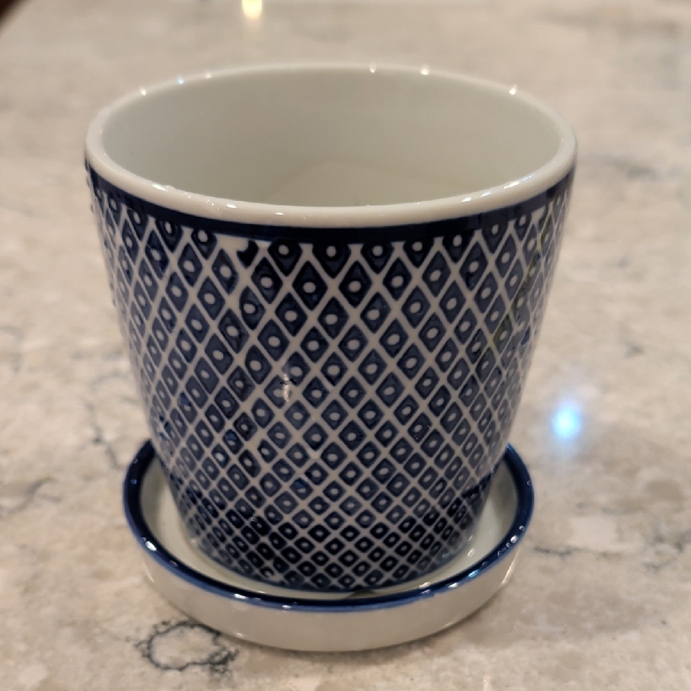 Blue and White Patterned Ceramic Cup with Saucer